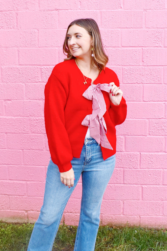 Red Gingham Bow Cardigan Sweater