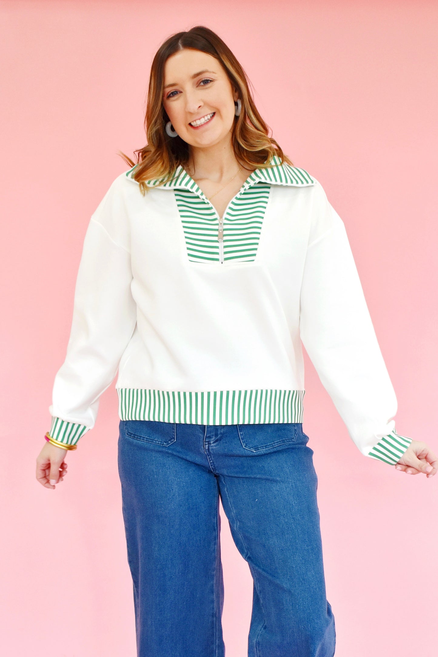 Ivory Kelly Green Stripe Zip Pullover