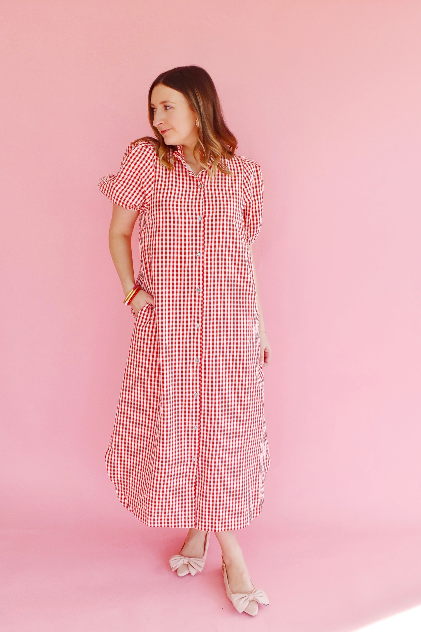 Red Gingham Button Down Midi Dress