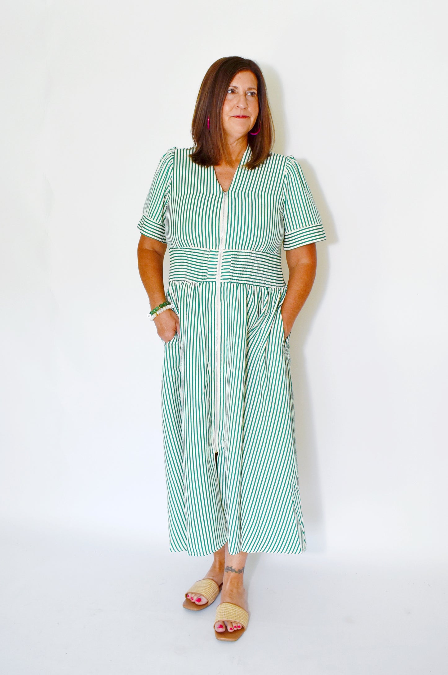 Kelly Green Striped Zip Up Dress