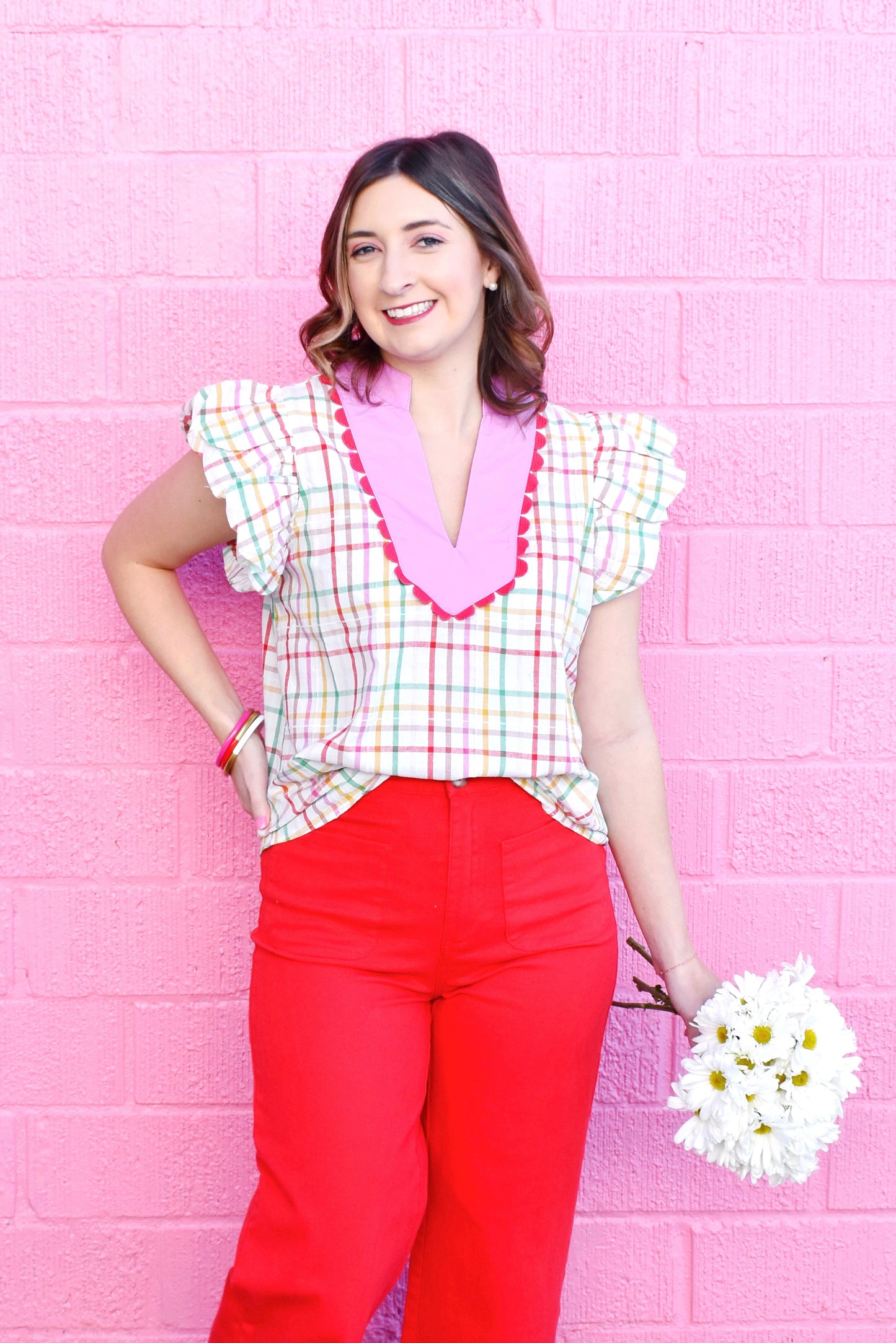 Colorful Plaid Red Scallop Trim Ruffle Blouse