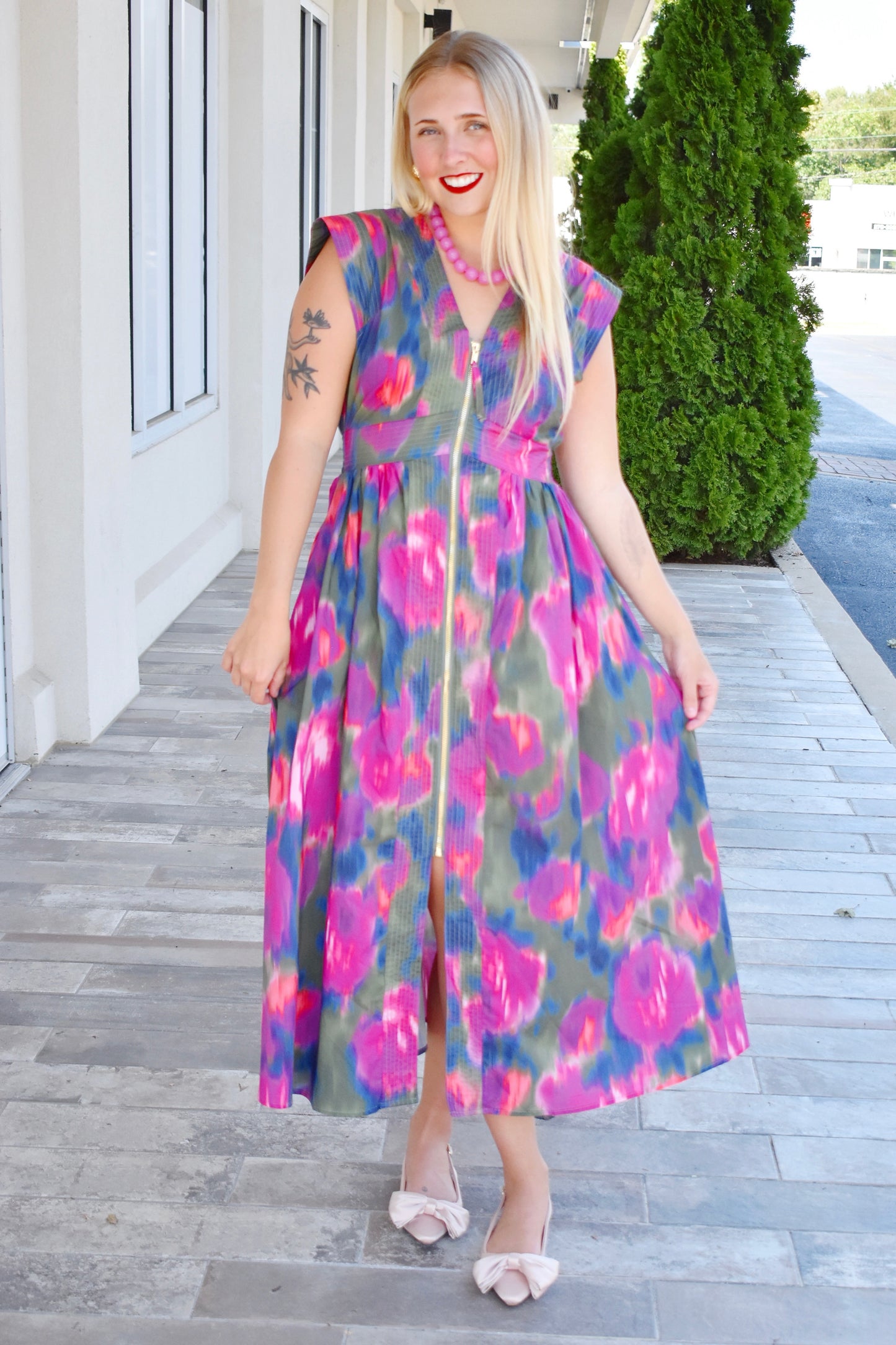 Magenta Watercolor Zip Midi Dress