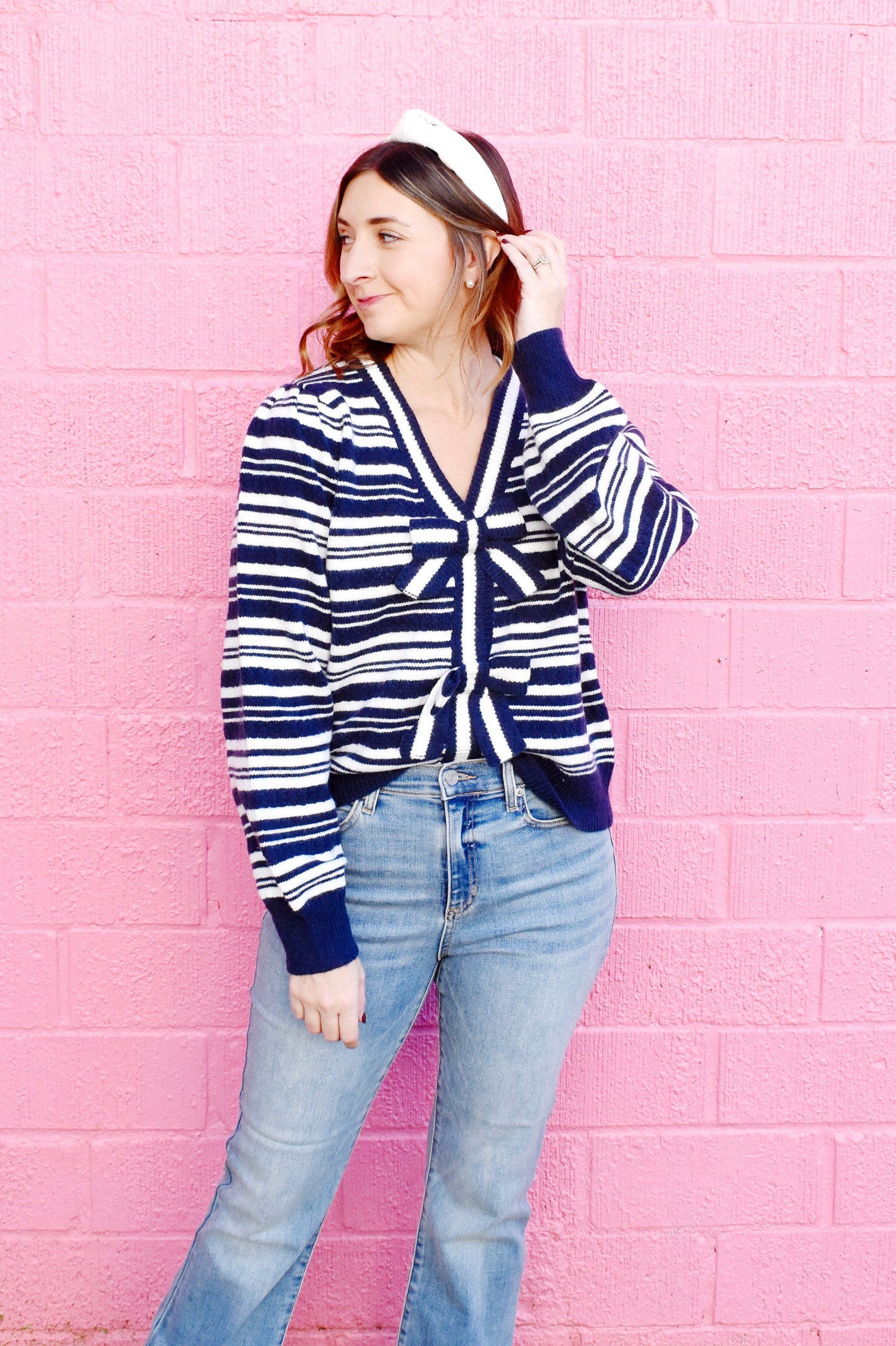 Navy Striped Bow Cardigan Sweater