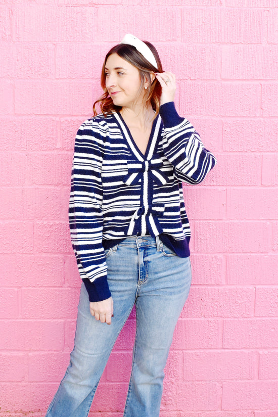 Navy Striped Bow Cardigan Sweater