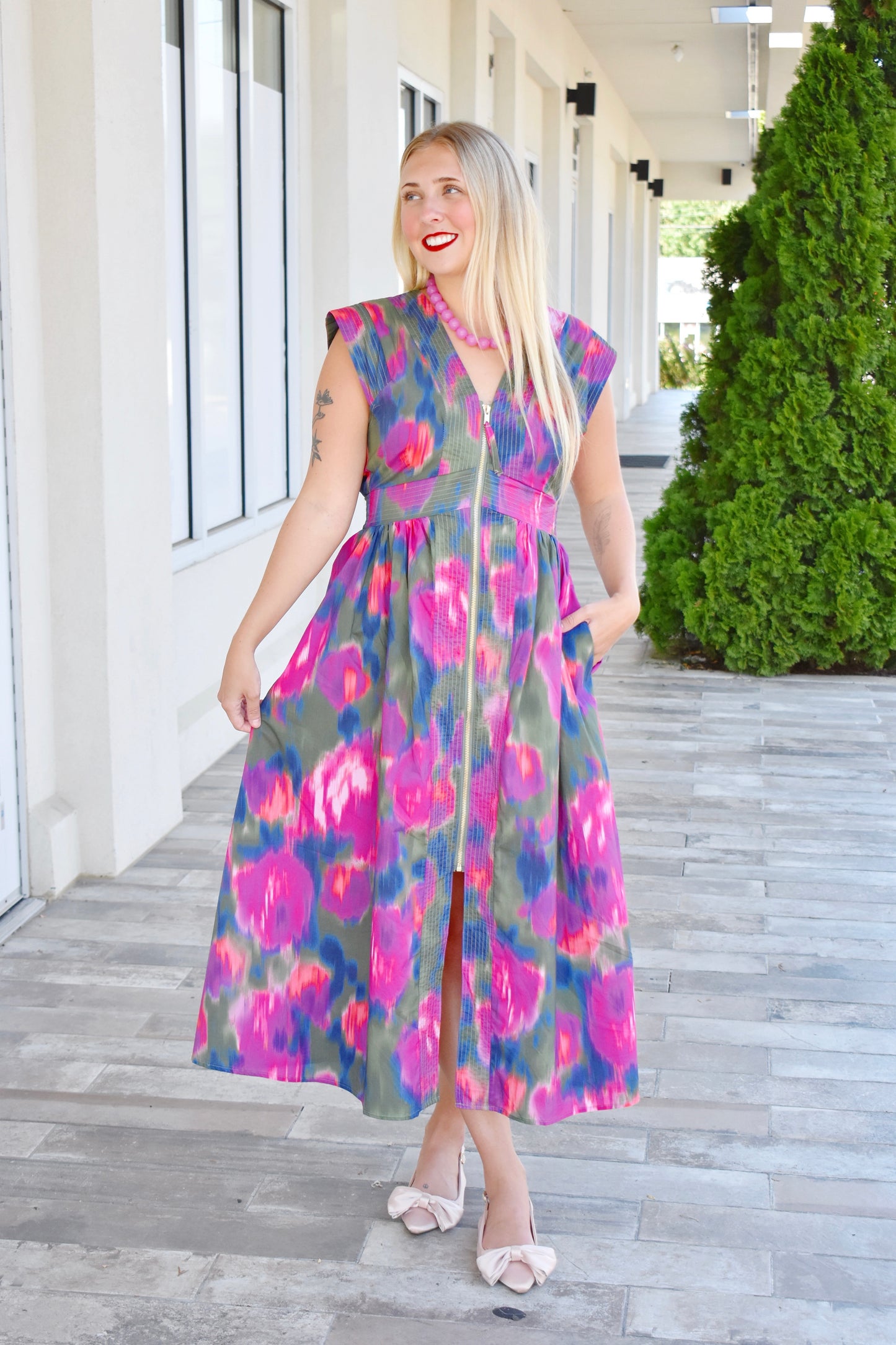 Magenta Watercolor Zip Midi Dress