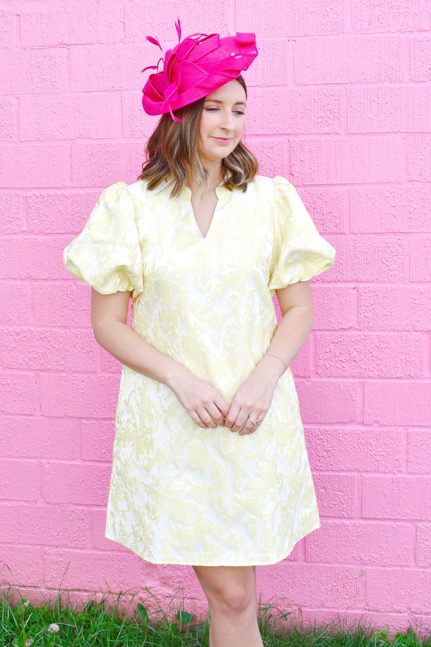Yellow Jacquard Puff Sleeve Dress