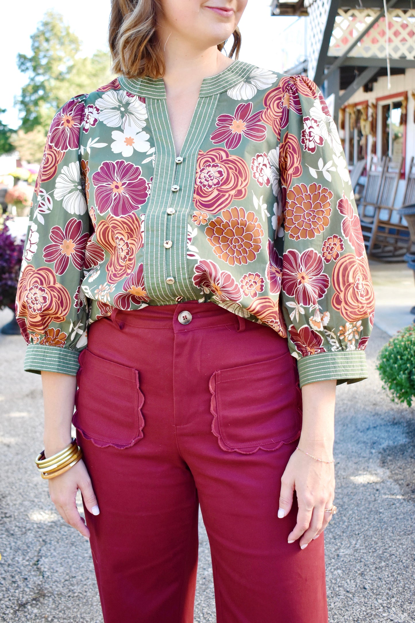 Olive Fall Floral Button Front Blouse