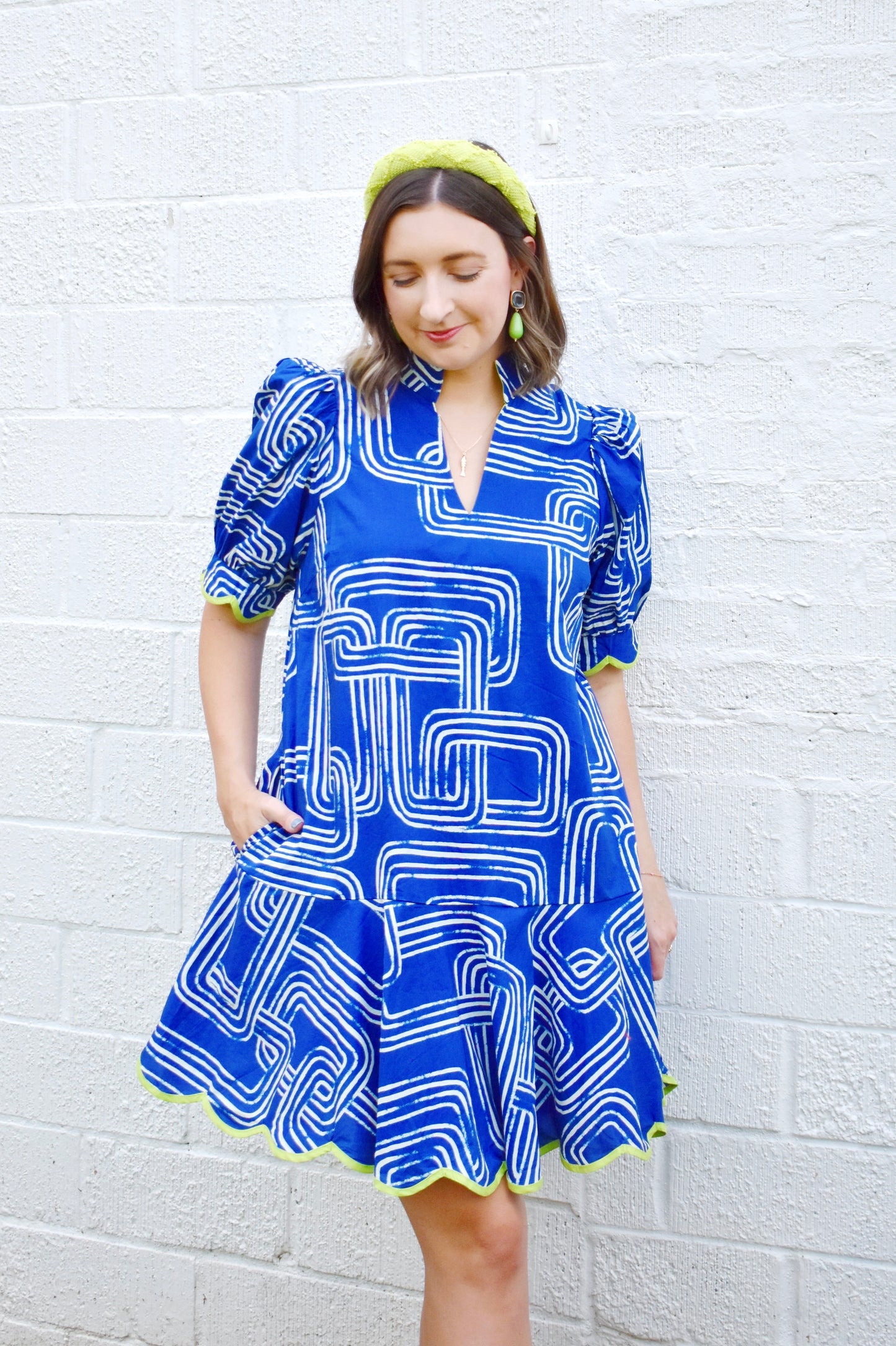 Navy Geometric Lime Scallop Dress