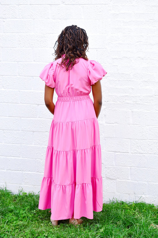 Bubblegum Pink Puff Sleeve Midi Dress