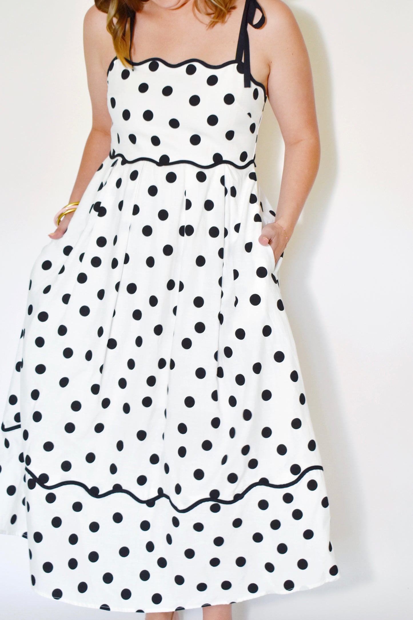 Cream & Black Polka Dot Scallop Tie Strap Midi Dress