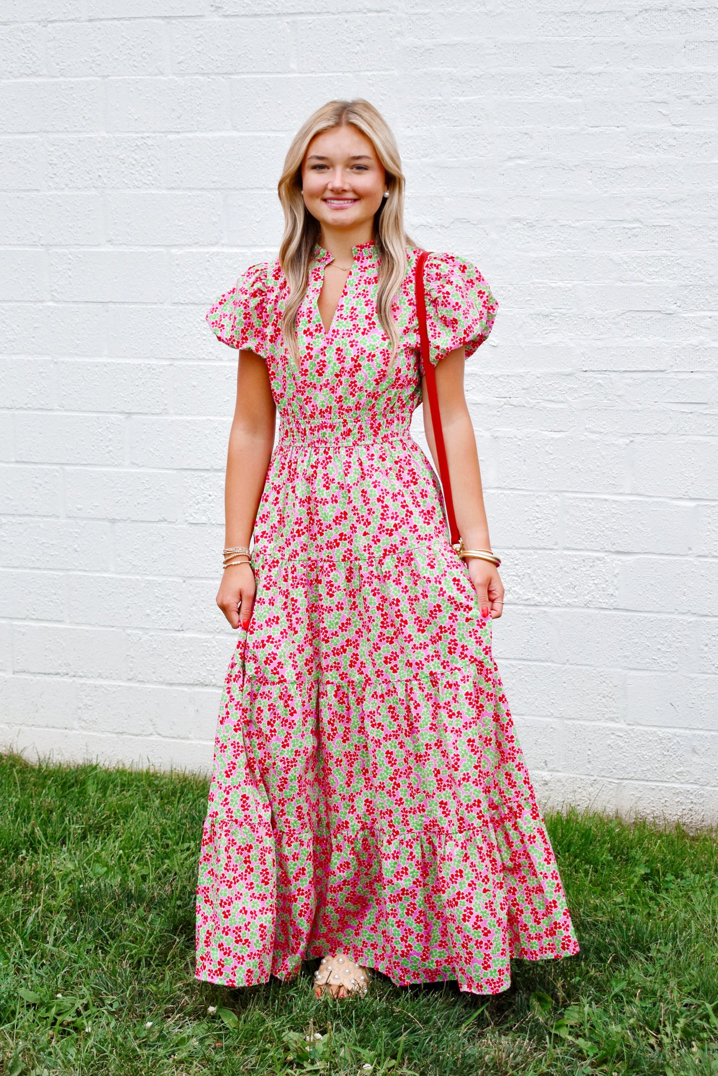 Pink & Green Floral Puff Sleeve Midi Dress Confetti Boutique Pink & Green Floral Puff Sleeve Midi Dress Confetti Boutique