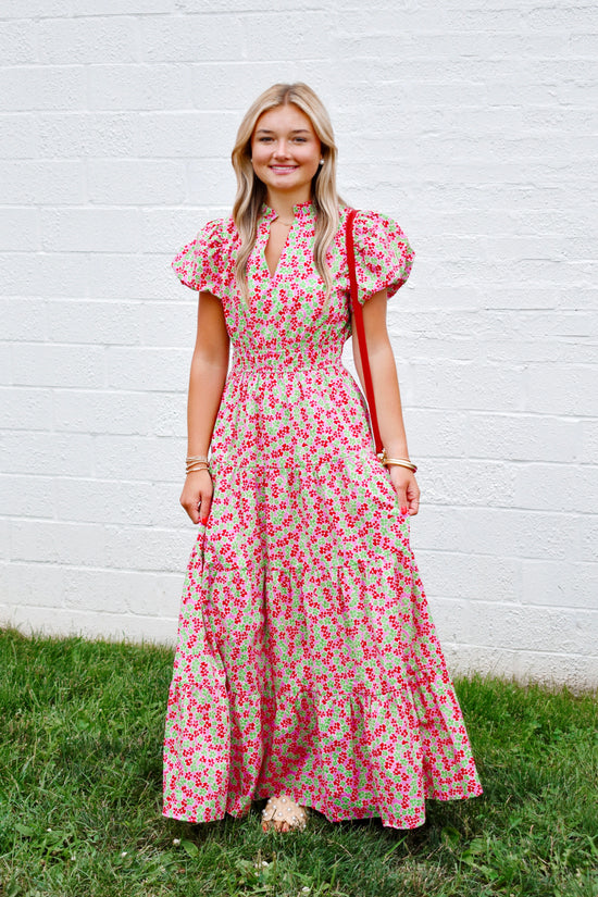 Pink & Green Floral Puff Sleeve Midi Dress Confetti Boutique Pink & Green Floral Puff Sleeve Midi Dress Confetti Boutique