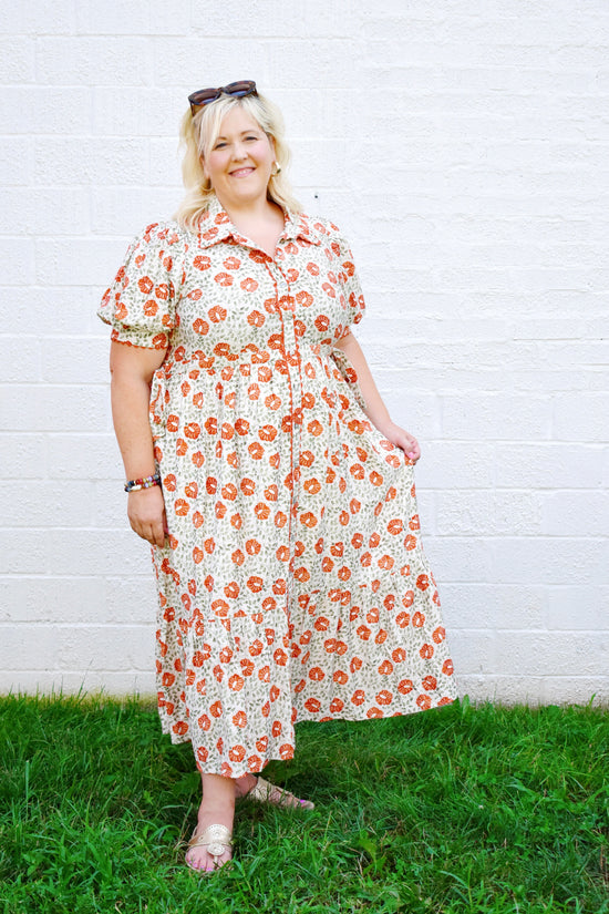 Plus Rust Floral Button Down Midi Dress