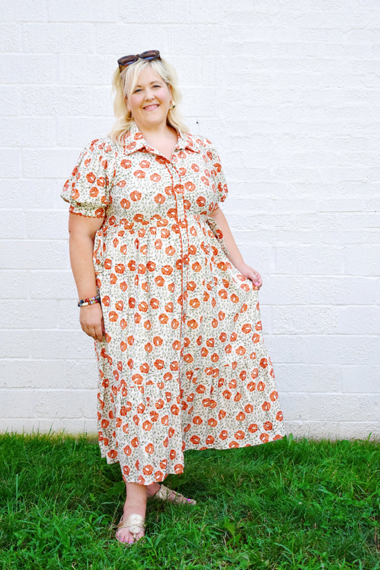 rust floral midi dress Rust Floral Puff Sleeve Midi Dress