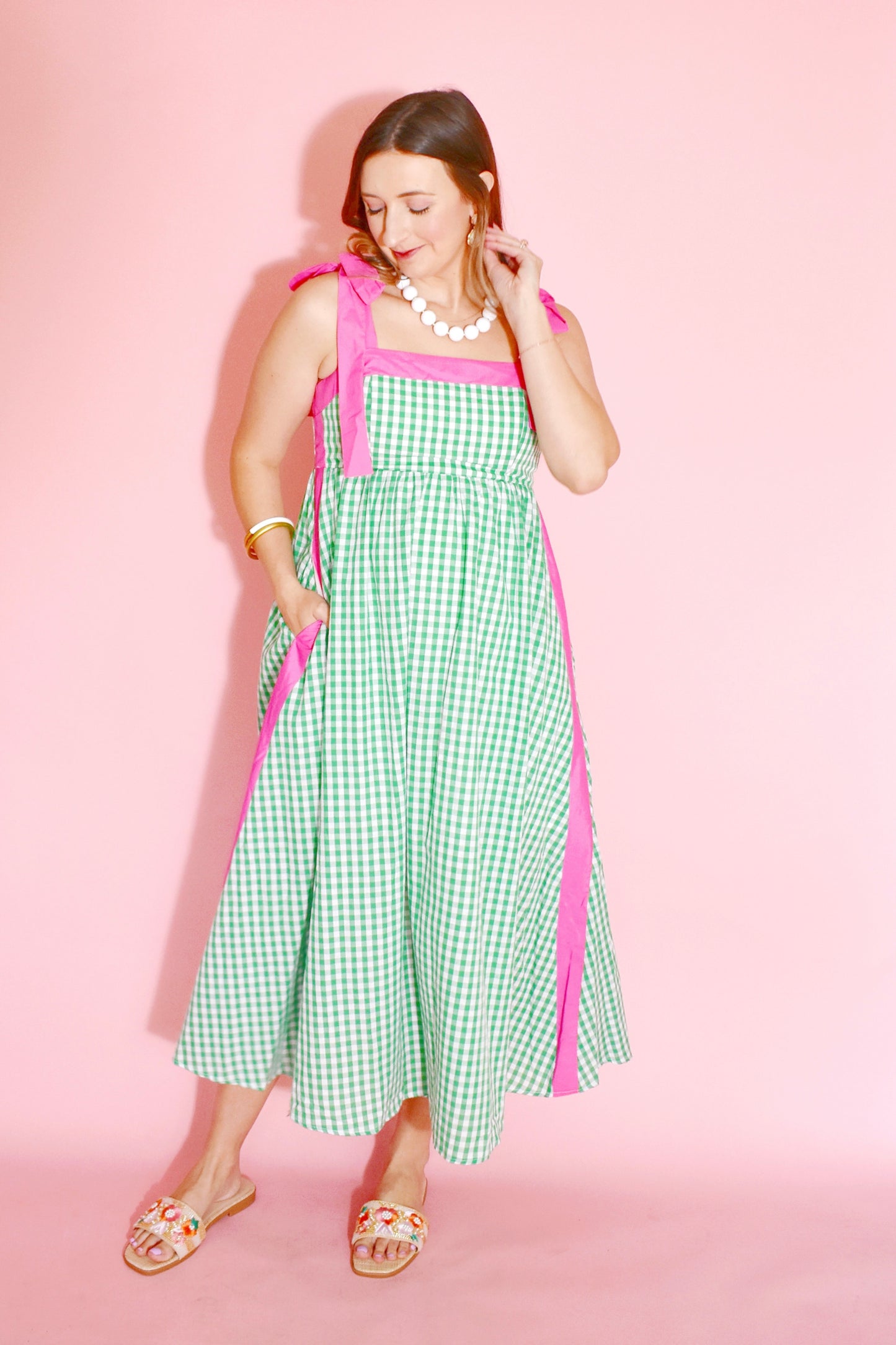Green Gingham Pink Contrast Tie Strap Midi Dress