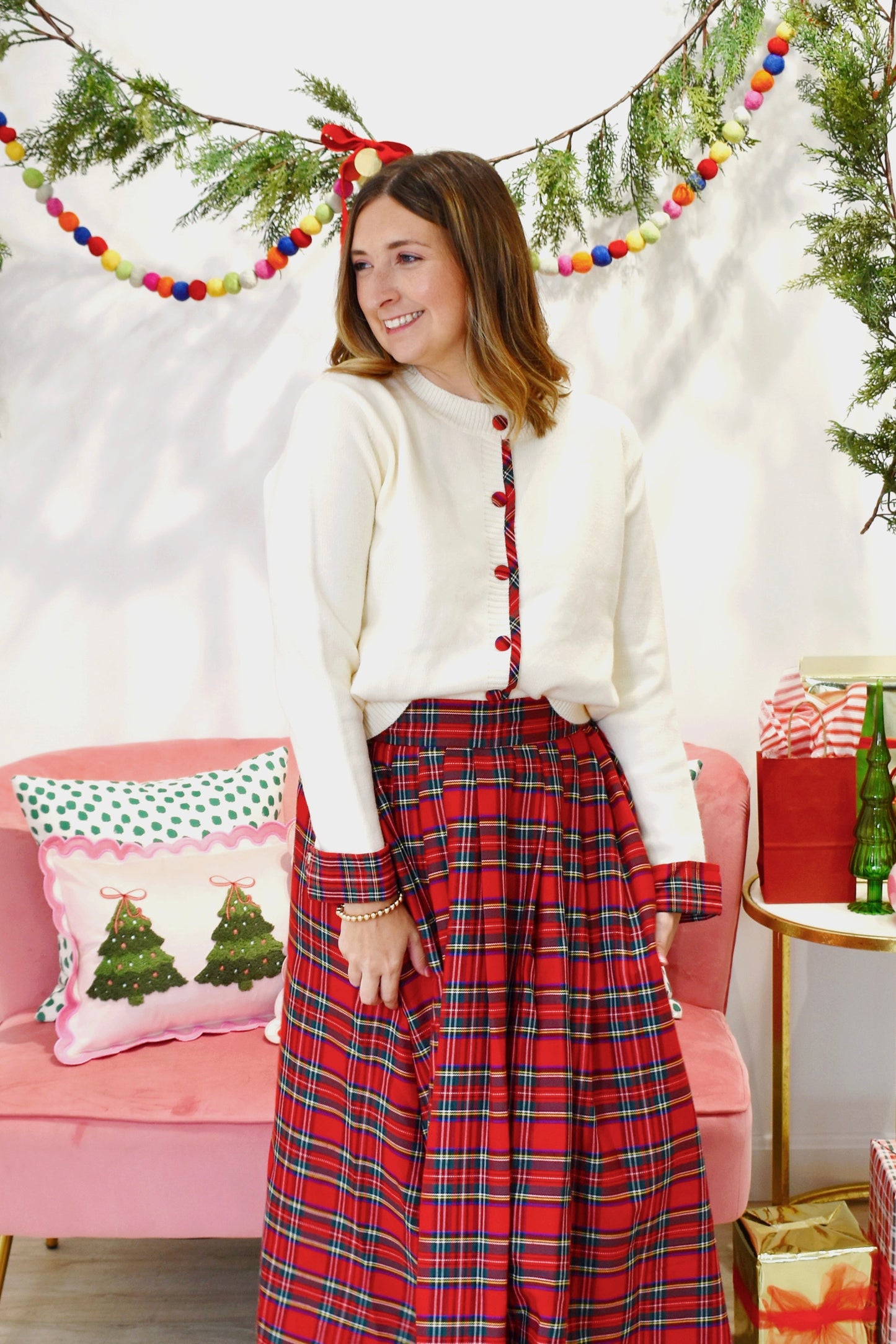 Cream Tartan Contrast Cardigan Sweater