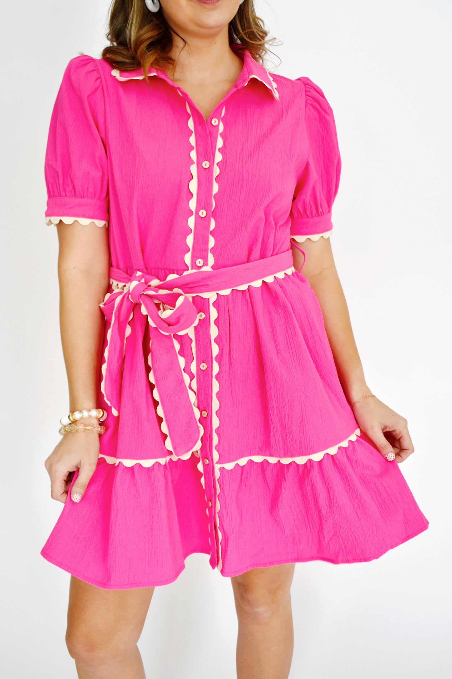 Hot Pink Ric Rac Tie Waist Dress