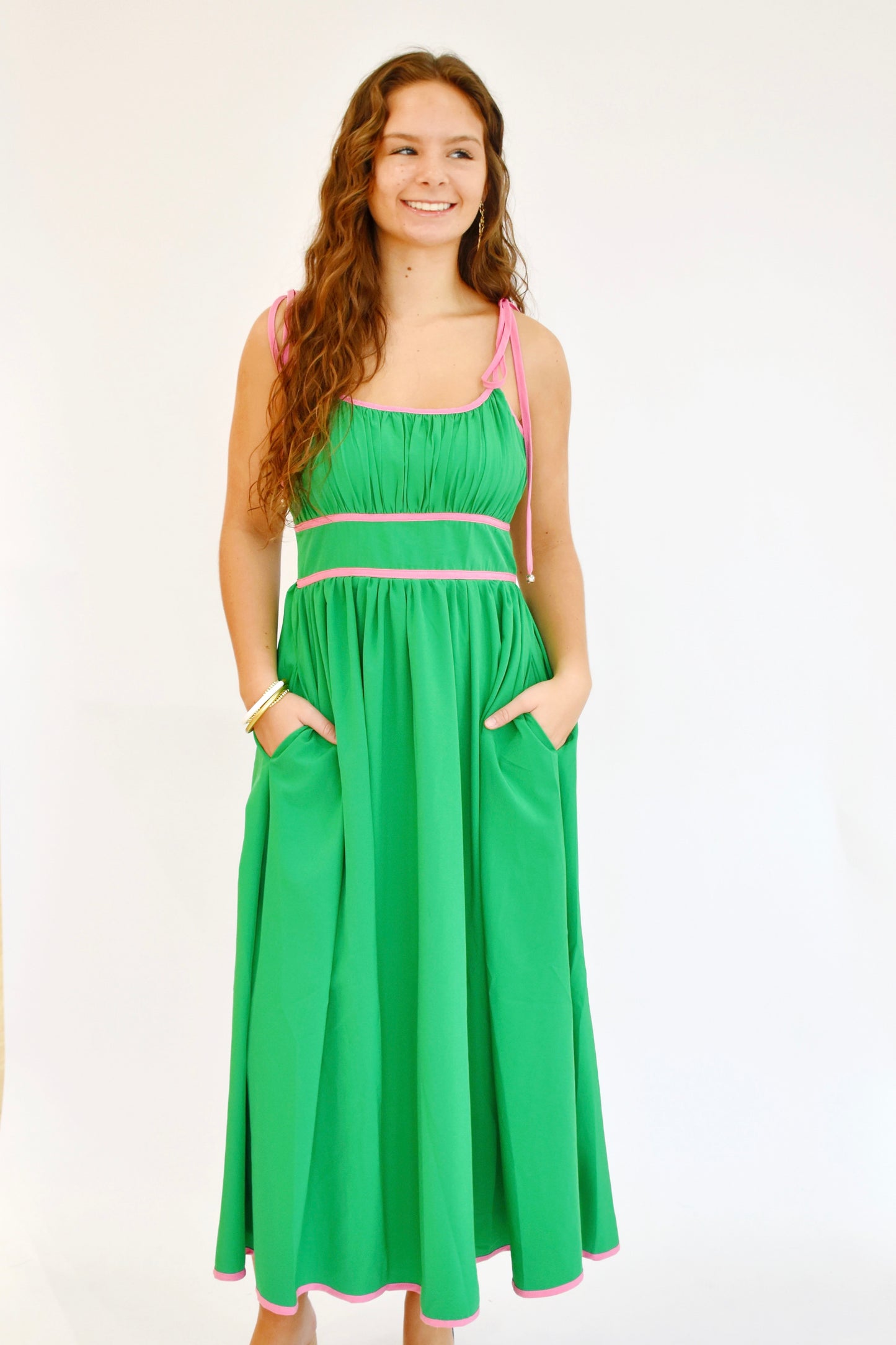 Green Pink Contrast Tie Strap Midi Dress