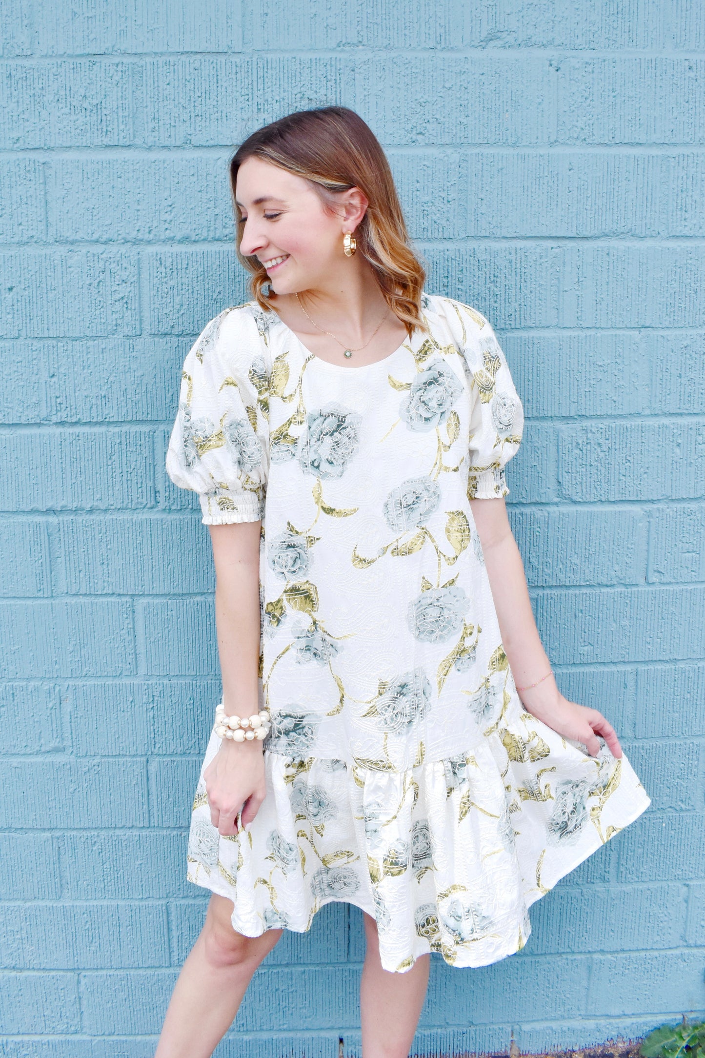 White & Blue Drop Waist Floral Dress