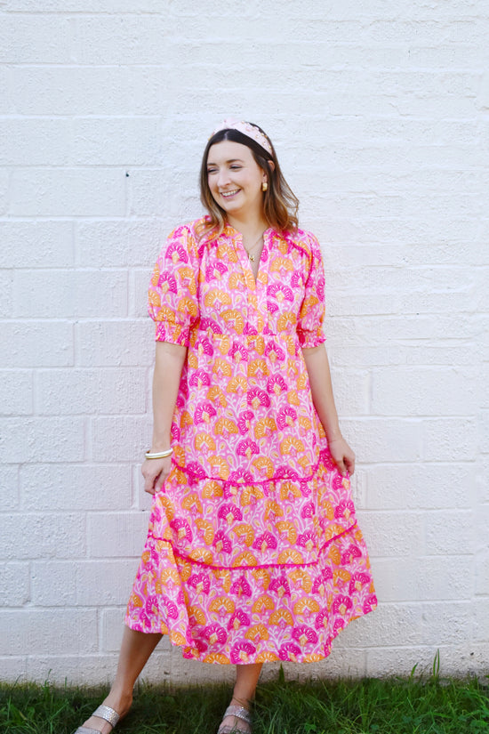Pink & Orange Floral Pattern Tiered Midi Dress