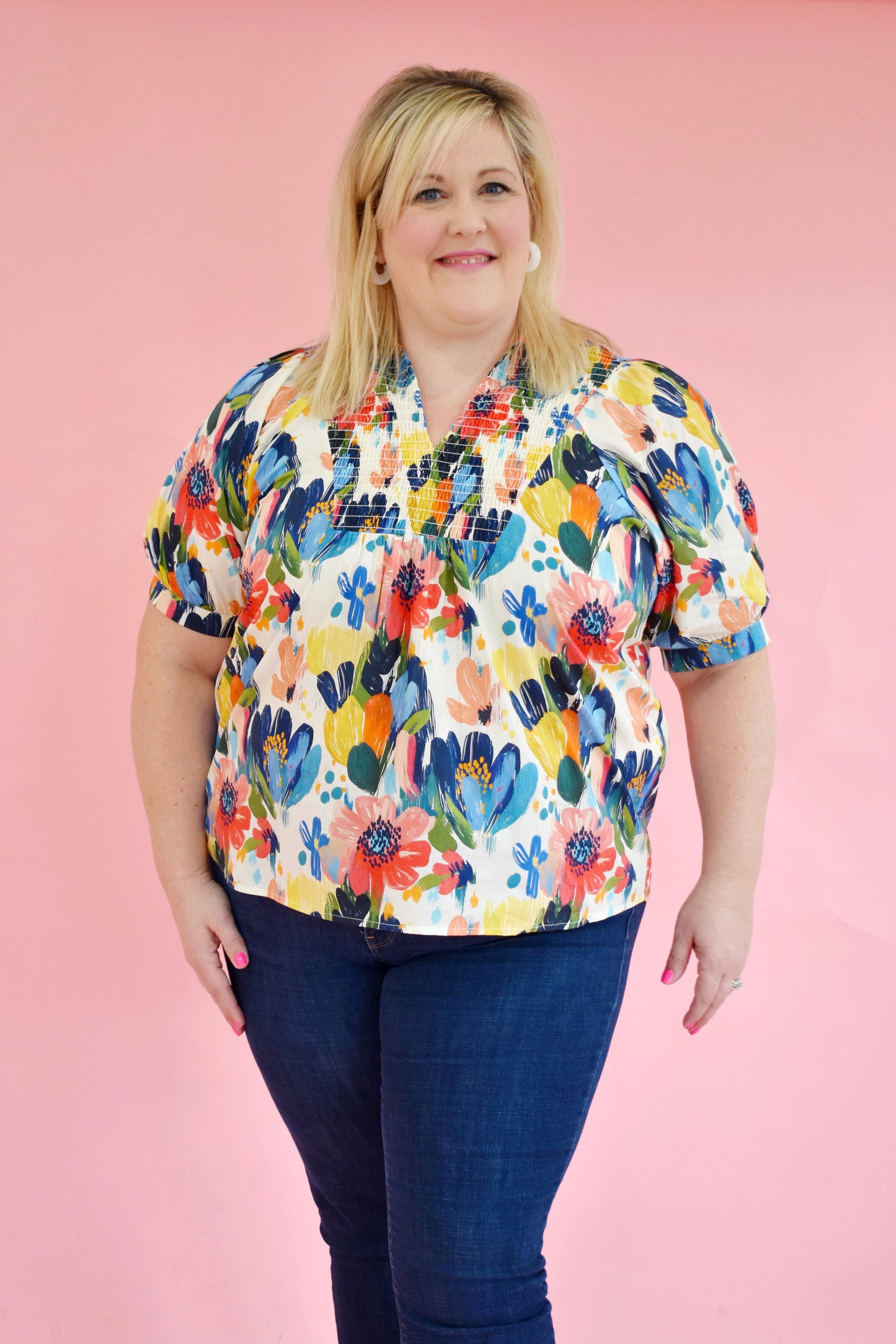 Plus Beautifully Bold Floral Babydoll Collared Top