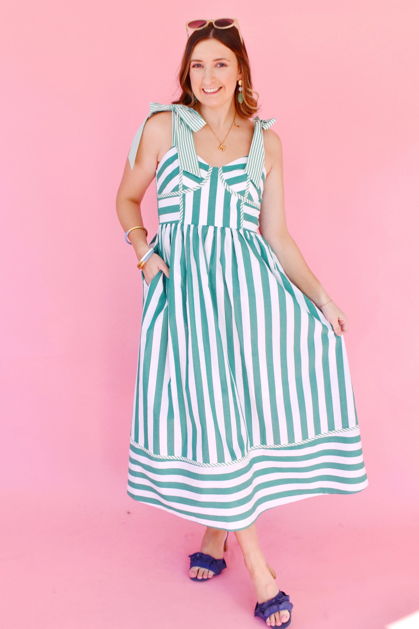 Green & White Striped Tie Strap Midi Dress