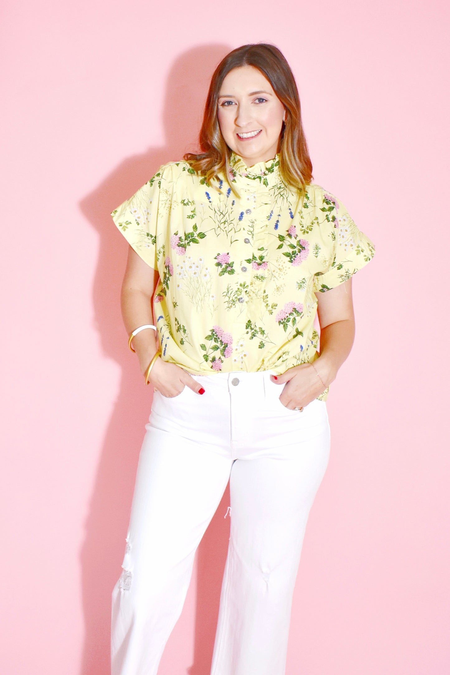 Lemon Yellow Pink Hydrangea Stem Blouse