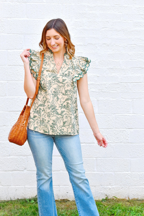 Hunter Green Toile Ruffle Blouse