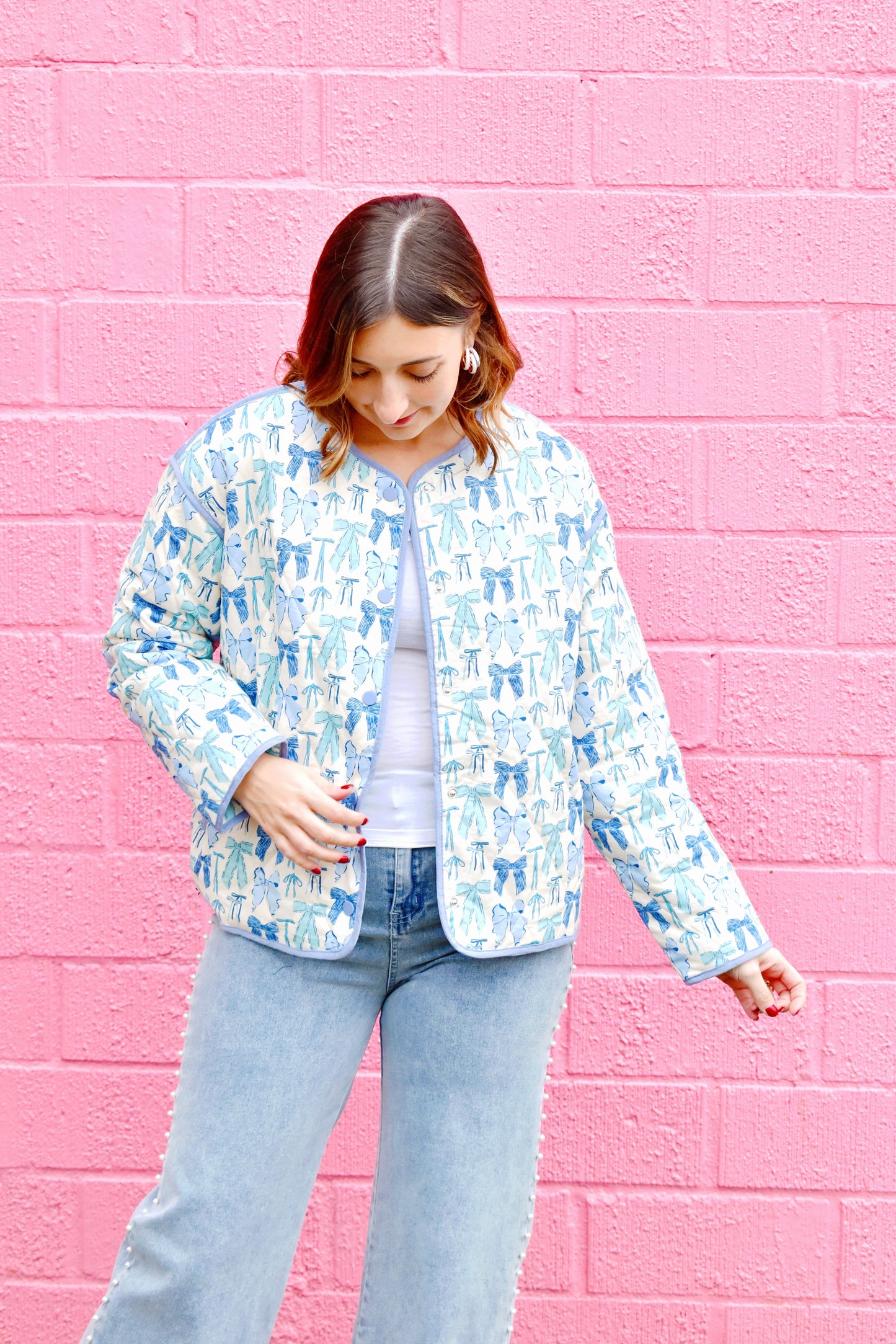 Blue Multi Bow Printed Quilted Jacket