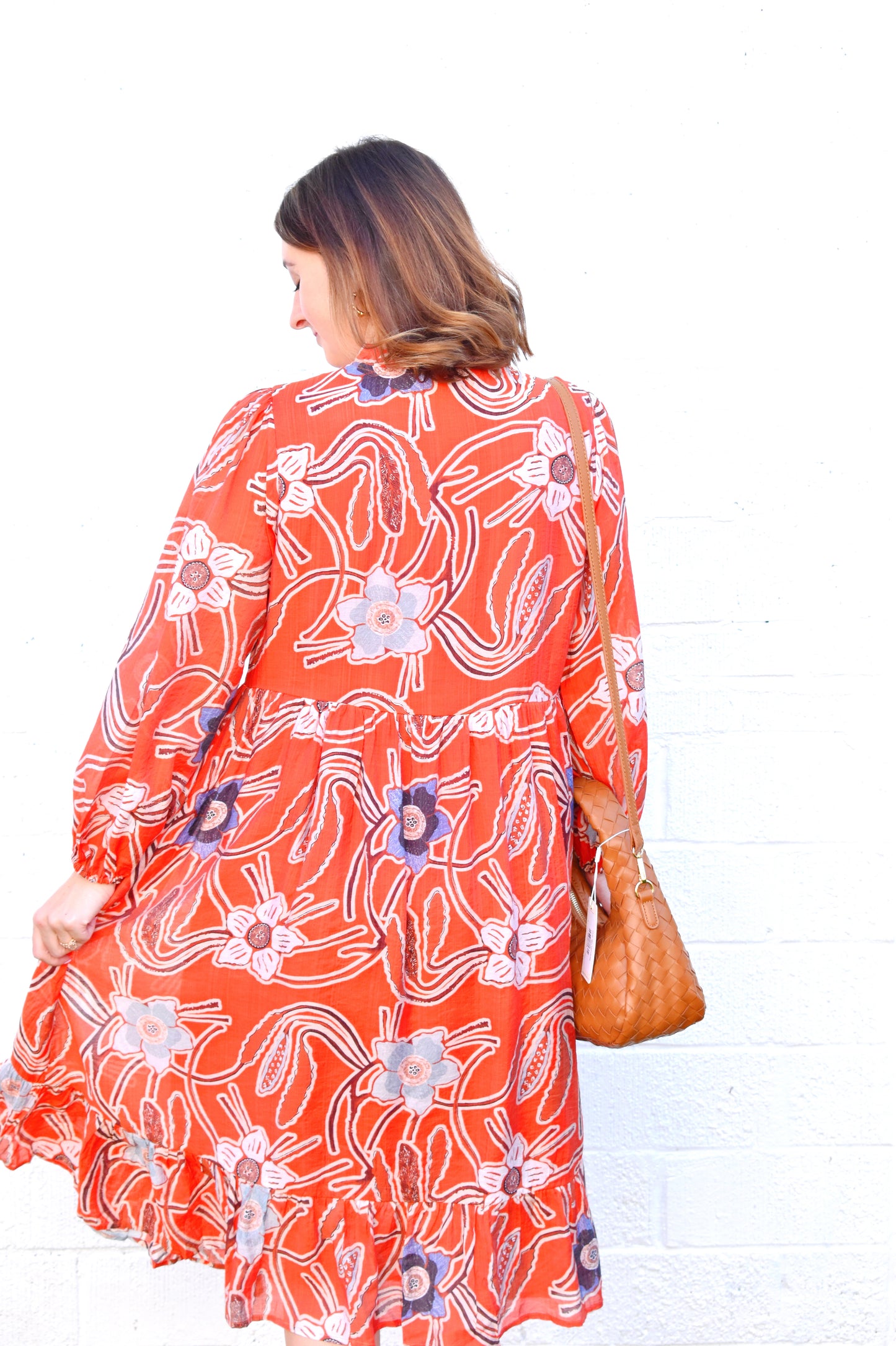 Autumn Orange Floral Midi Dress