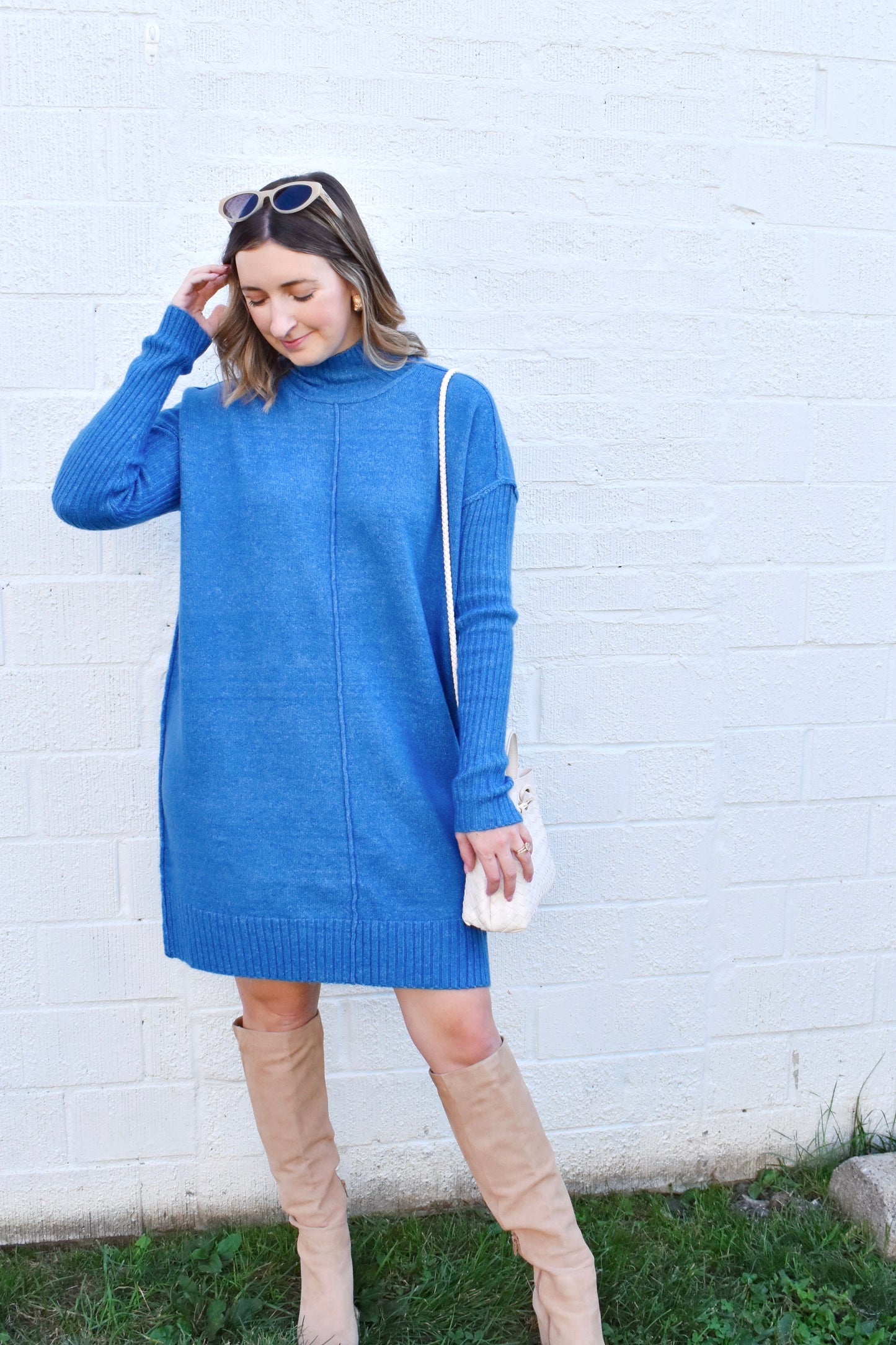 Blue Knit Turtleneck Sweater Dress