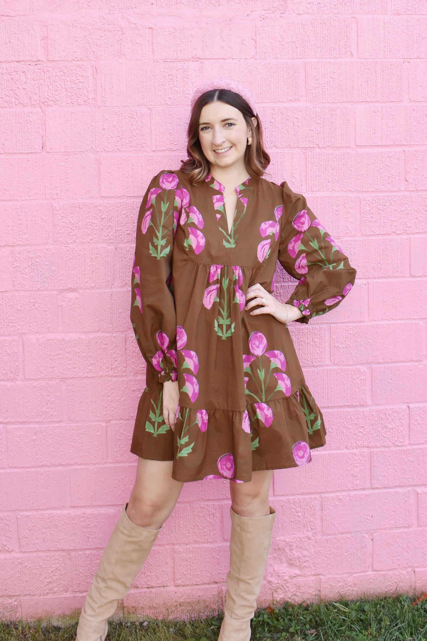 Chocolate & Pink Floral Babydoll Dress