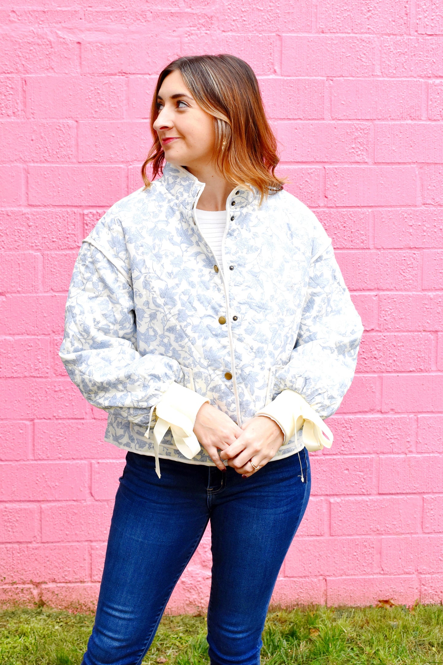 Blue Floral Bow Sleeve Quilted Jacket