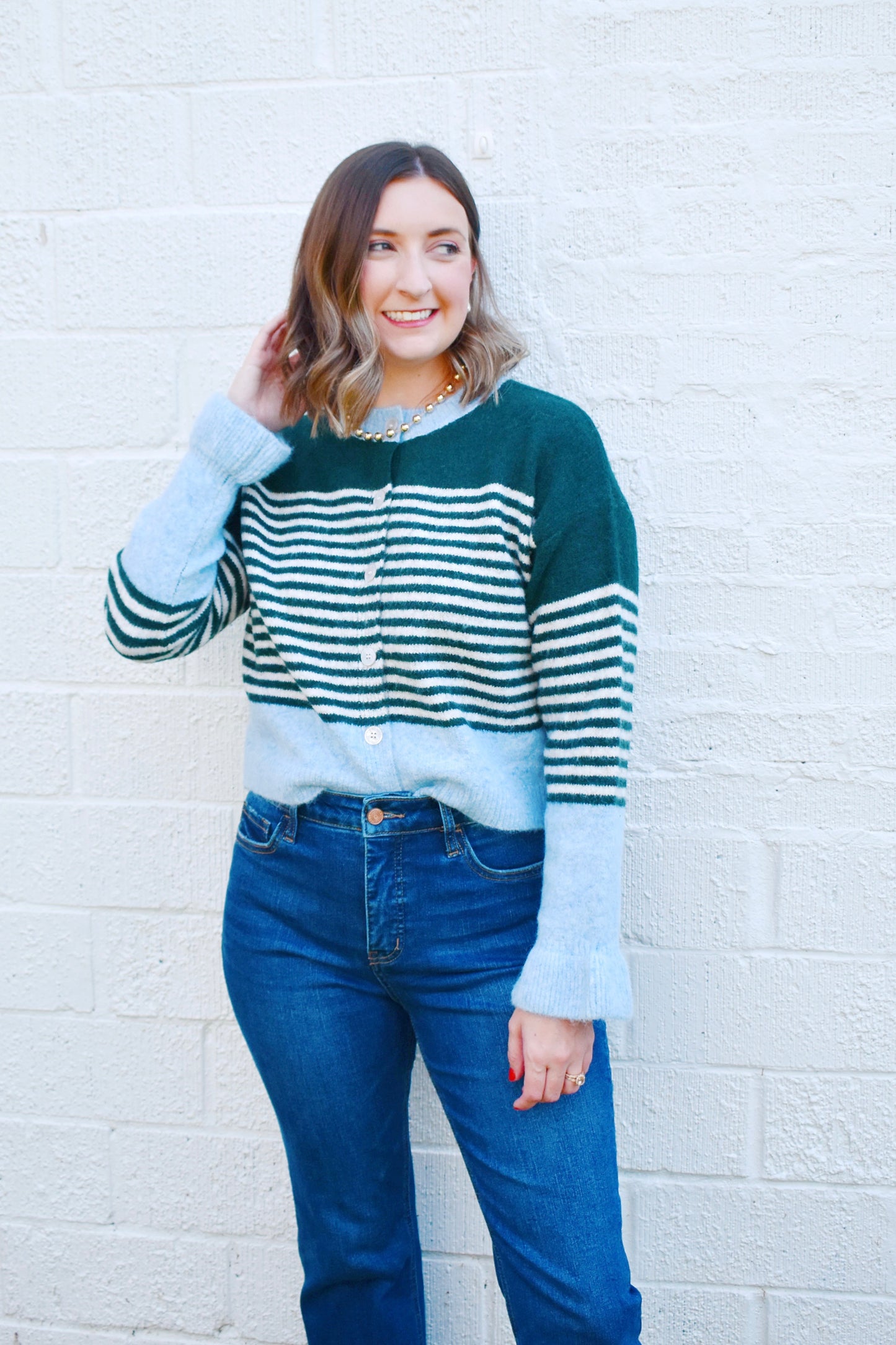 Hunter Striped Ruffle Cuff Button Cardigan