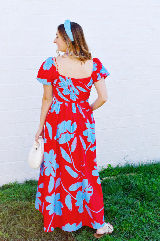 Red & Blue Floral Smocked Midi Dress