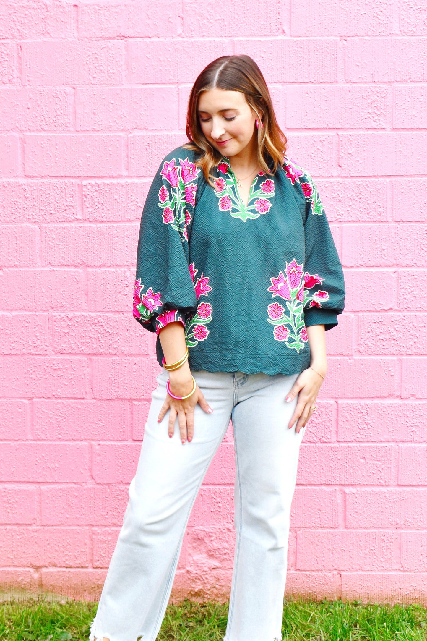 Forest & Pink Floral Scallop Hem Blouse