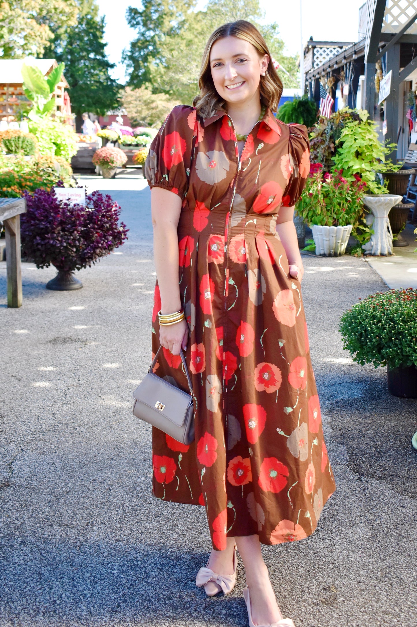 Brown Fall Spice Floral Midi Dress