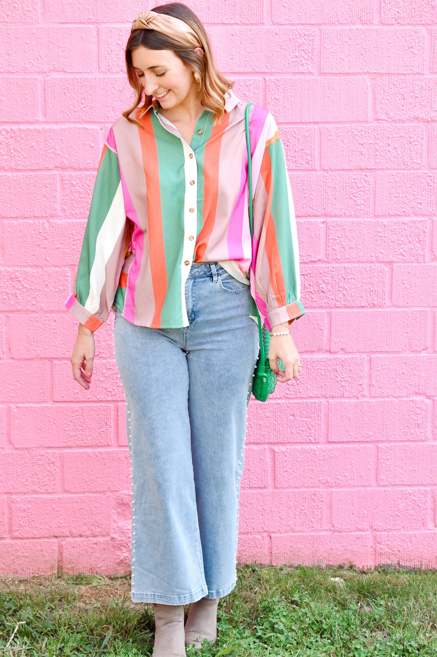 Colorful Fall Striped Button Down Blouse