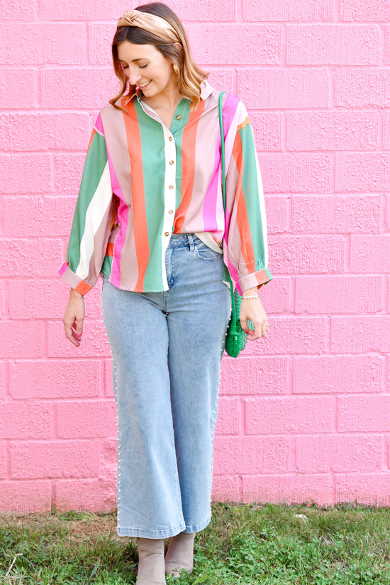 Colorful Fall Striped Button Down Blouse