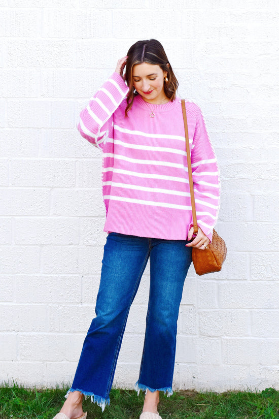 Pink Striped Stitch Trim Sweater