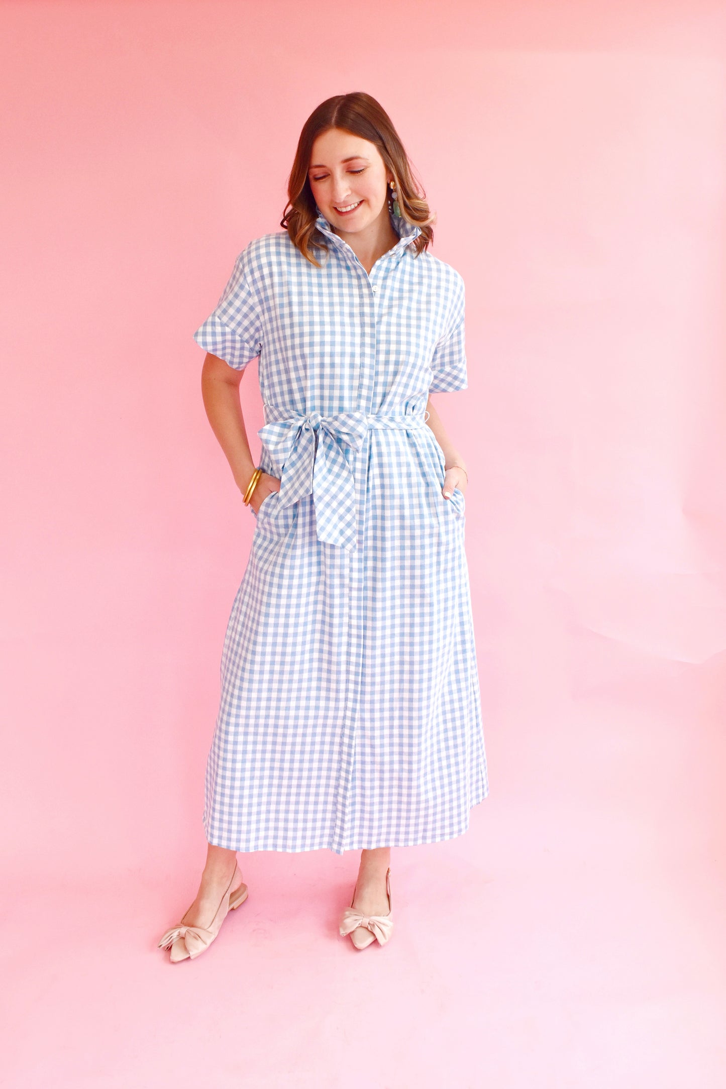 Blue Gingham Preppy Tie Waist Midi Dress