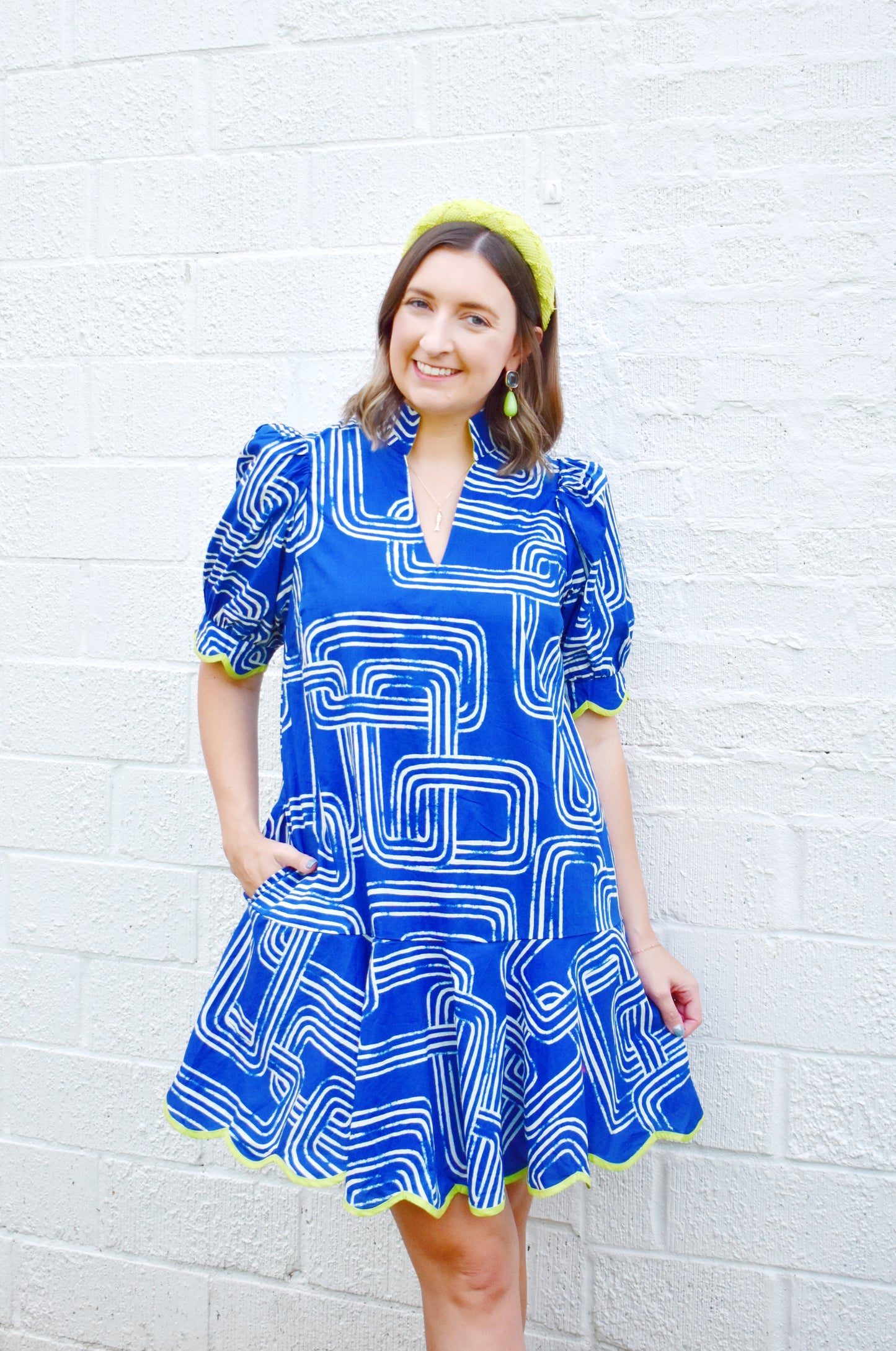 Navy Geometric Lime Scallop Dress