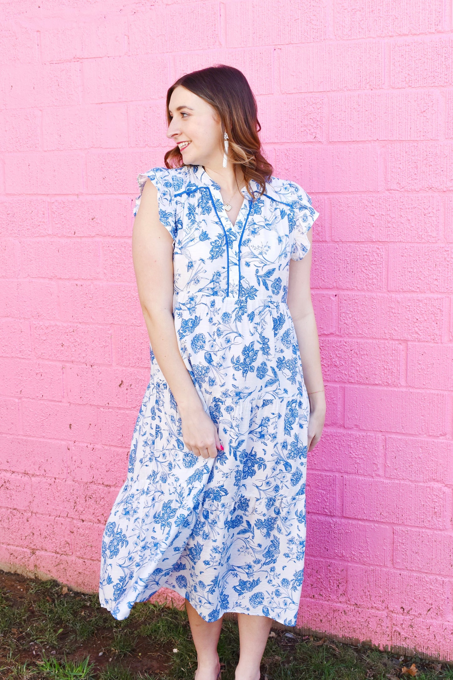 blue floral flutter sleeve dress Dusty Blue Cottage Floral Flutter Sleeve Dress