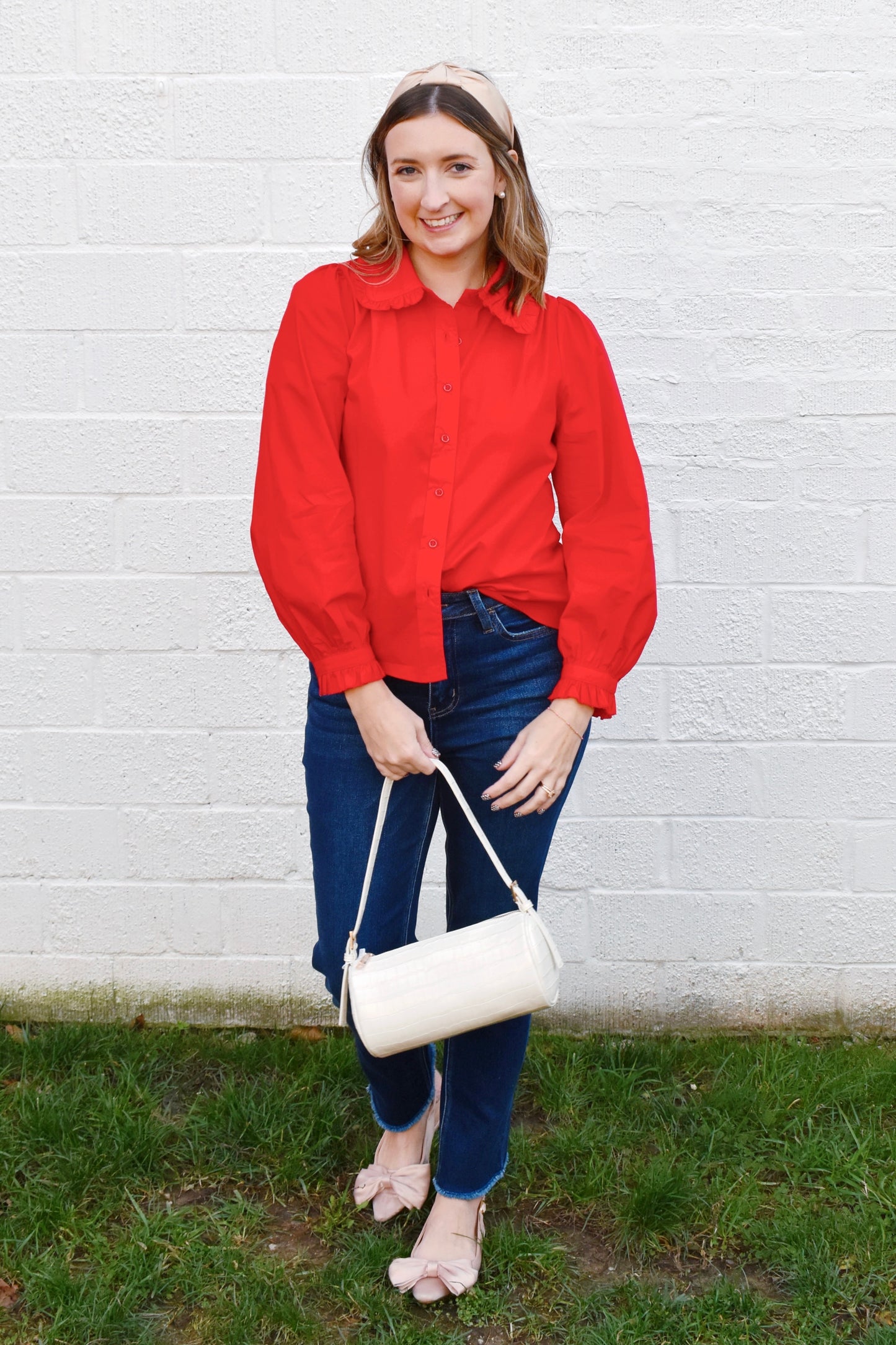 Red Ruffle Collared Button Down