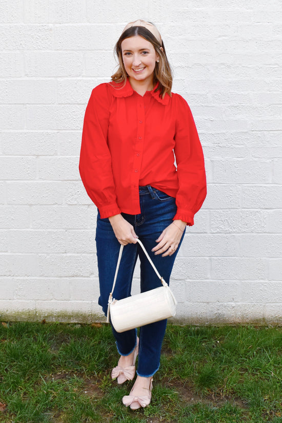 Red Ruffle Collared Button Down