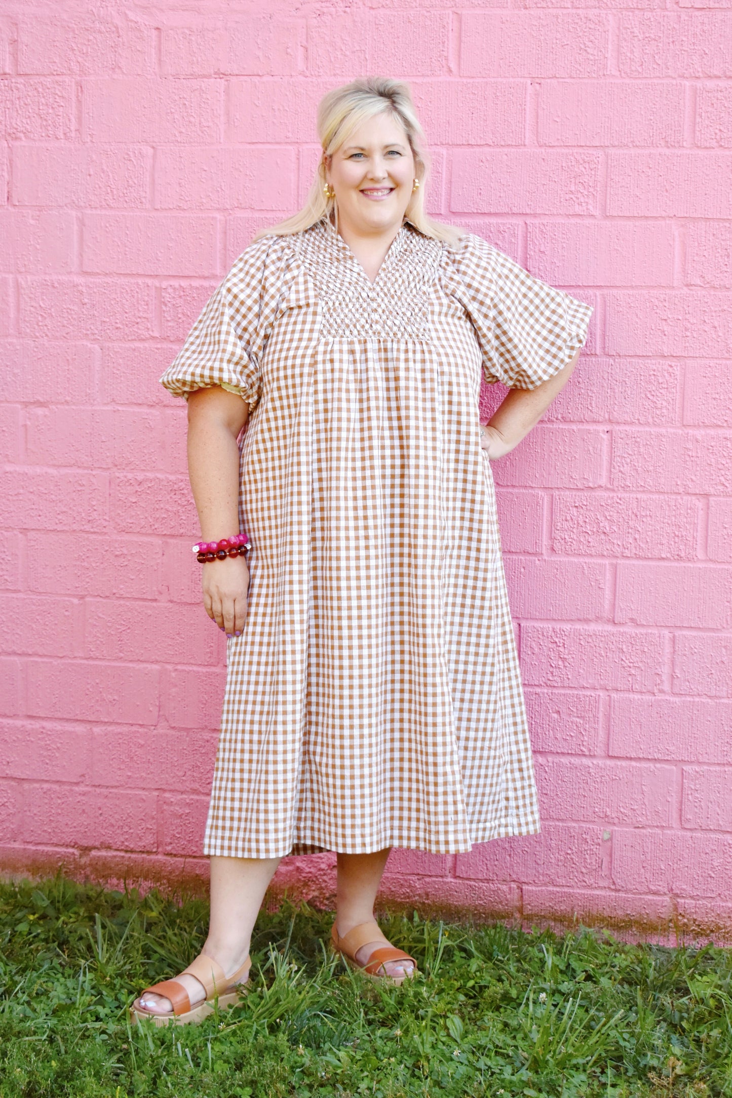 Plus Brown Gingham Smocked Front Collared Midi Dress