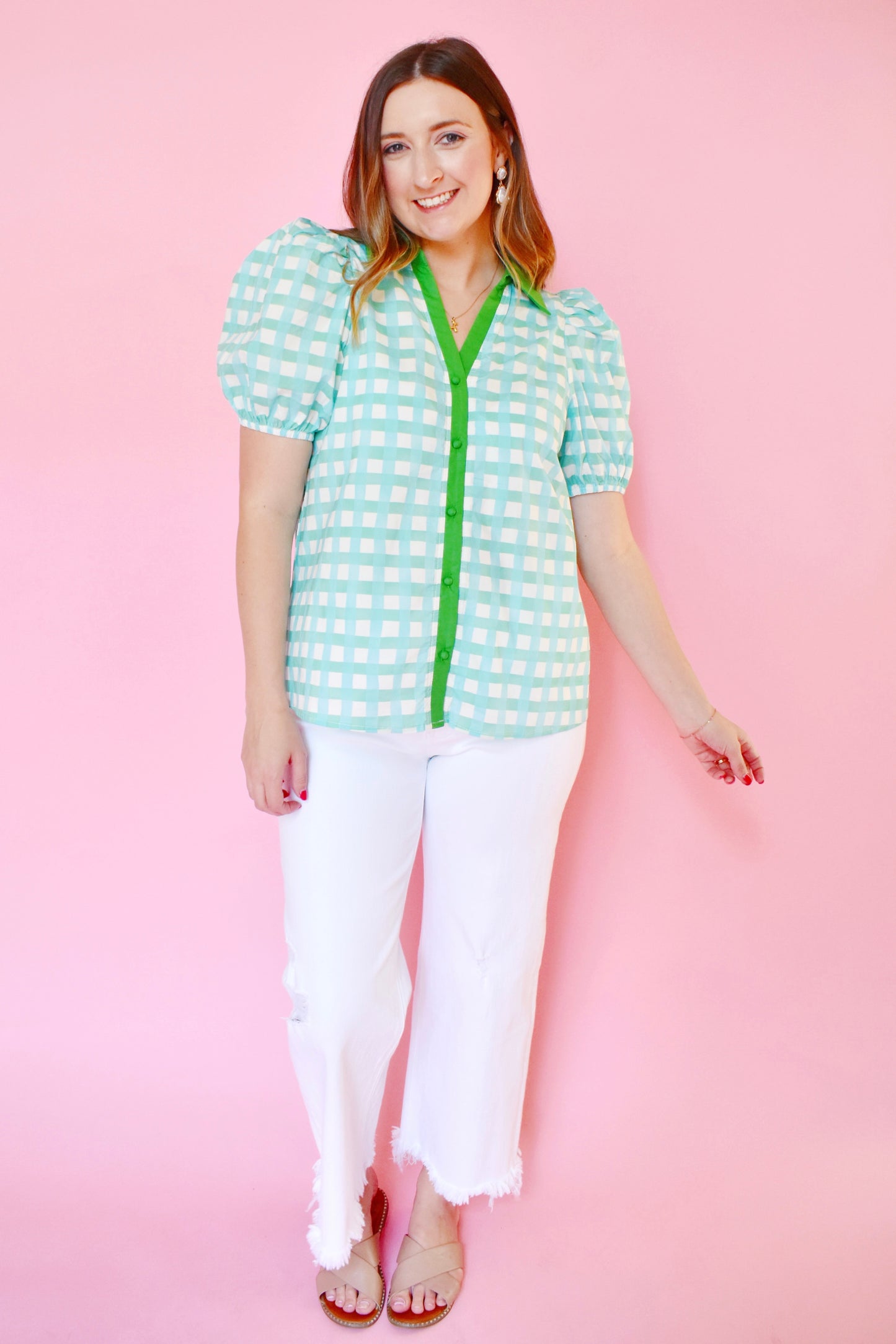 Mint Plaid Green Contrast Collared Top