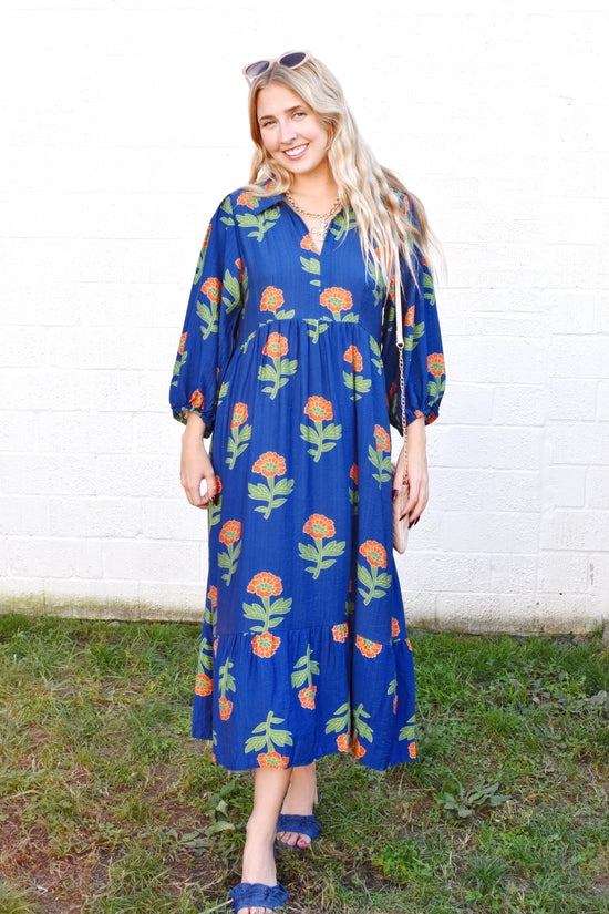 Navy Orange Flower Stem Midi Dress