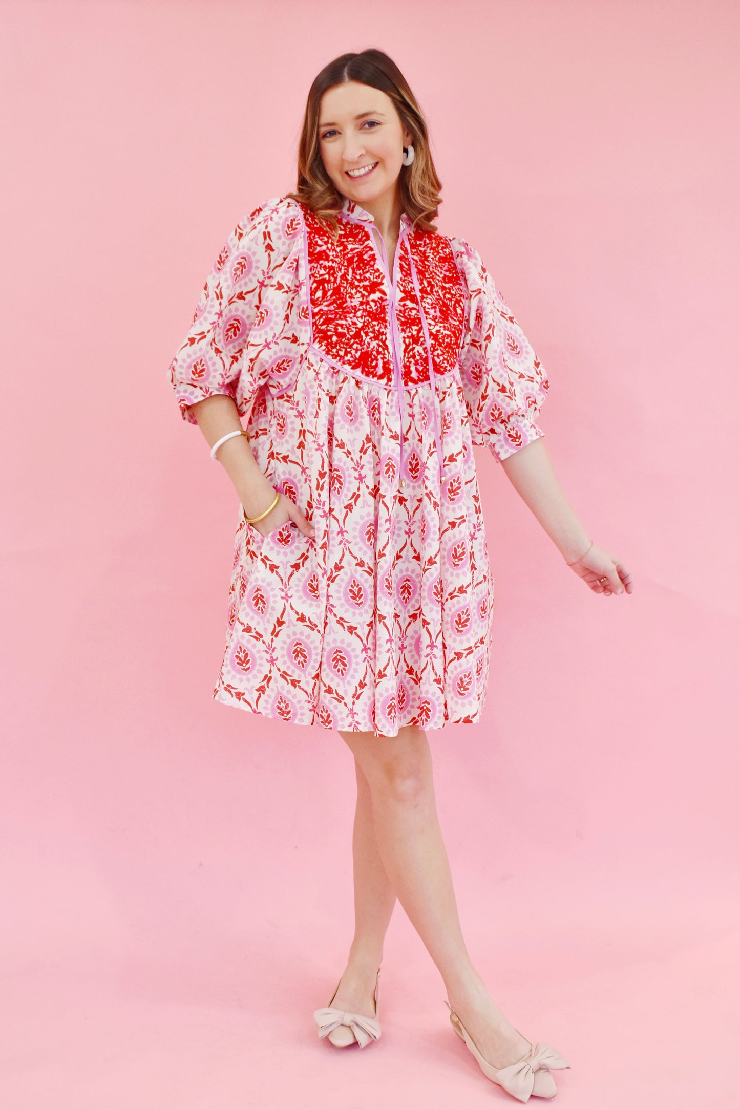 Pink Red Embroidered Floral Babydoll Dress