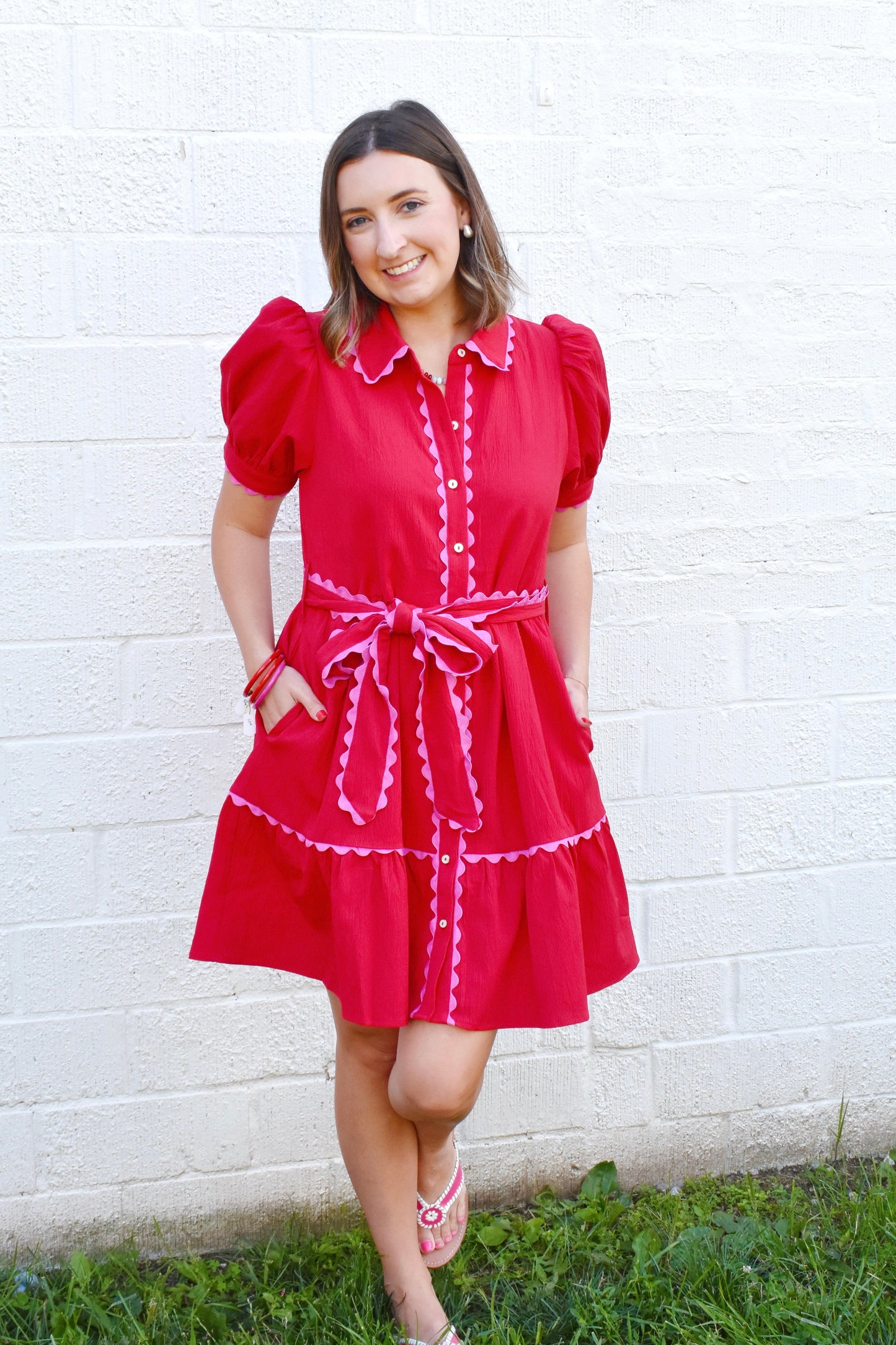 Red Pink Ric Rac Tie Waist Dress